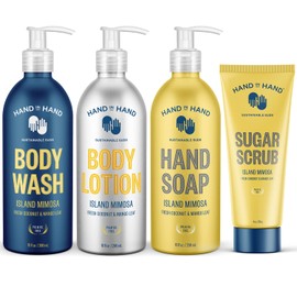 Hand in Hand Body Wash, Body Lotion, Liquid Hand Soap, and Sugar Scrub Combo Pack, Fresh Coconut & Mango Leaf, Island Mimosa Scent