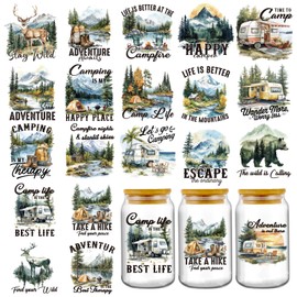 20 Sheets UV DTF Stickers, Outdoor Hiking Adventures Camping UV DTF Cup Wraps for 16 20 oz Tumbler, Wilderness Trekking Cold Transfer Sticker Decals DIY Glass Water Bottle Bumper Journal Decoration