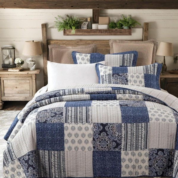 DaDa Bedding Denim Blue Elegance Patchwork Floral Bedspread Set - 100% Cotton Boho Chic Lightweight Quilted Coverlet - Striped Paisley Medallion Squares Multi Colorful Ivory Navy - King - 3-Pieces