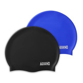 Aegend 2 Pack Kids Swim Cap for Girls Boys Age 8-15, Waterproof Swim Cap Durable Silicone Kids Swimming Cap for Long Hair, Black & Blue