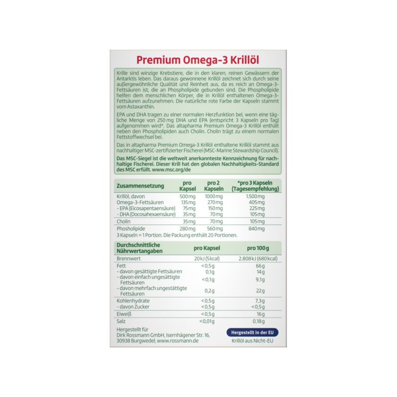 로스만 알타파마 오메가-3 크릴오일 프리미엄 60캡슐 42.9g Rosman Altapharma Omega-3