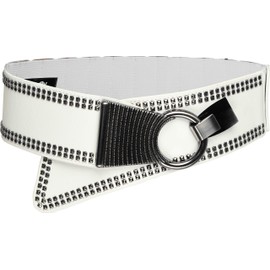 BlackButterfly Wide Elastic Stretchy Metal Fogging Diamante Hook Buckle Belt, White