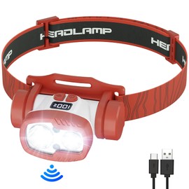 BOBKID Rechargeable LED Headlamp Flashlight, 1500 Lumen Headlight with 9 Modes, Motion Sensor Head Lamp Camping Essentials Gear, Waterproof Head Light Flashlight for Hiking, Fishing, Cycling, Red