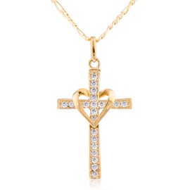 JOTW 10k Yellow Gold, Rose Gold and White Gold Heart & Cross Pendant with an 16, 18, 20 and 22 Inch Gold Overlay Figaro Necklace (18 Inch, Yellow Gold)
