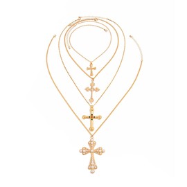 Cross Pendant Necklace Set For Women Gold/Silver Chunky Cross Necklaces Set Layered Pearl Colorful Beads Cross Pendant Necklace Fashion Y2k Jewelry For Women (4 pairs gold)