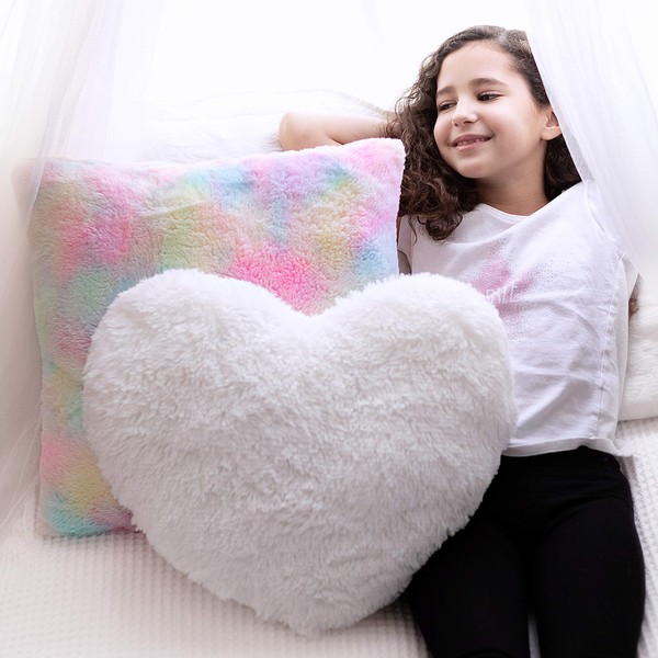 PERFECTTO Set of 2 Decorative Throw Pillows for Girls. White Fluffy Heart and Soft Rainbow Pillow. Plush Pillows for Kid’s Bedroom Décor Toddlers Princess Room, Fun Pillows for Teepee Tent