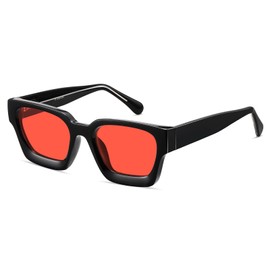 PUBOWT Thick Square Sunglasses for Men Women Retro Chunky Rectangle Sun Glasses UV Protection Shades Designer Style PT2008 Black/Red Lens