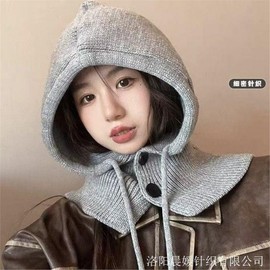 Women's Balaclava Hooded Hat Scarf Winter Muffler lf3564 One Size / Standard Button Drawstring Hat [Black] 4ea