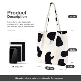 Corduroy Tote Bags for Women Girls, Large Capacity Corduroy Bag Reusable Grocery Shoulder Bag with Inner Pockets (cow)