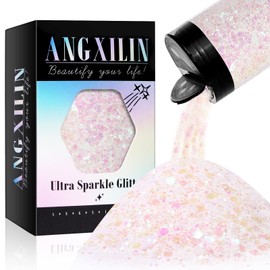 ANGXILIN Holographic Chunky Glitter, 190g/6.7oz Chunky and Fine Mixed Craft Glitter, Bulk Laser Sequin Glitter for Face Body Nail Art,Epoxy Resin Tumbler Jewelry Making Glitter (Iri Mix White)