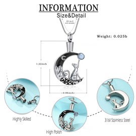 Hearbeingt Urn Necklace for Ashes for Women Men Moon Cat Cremation Jewelry for Ashes Pendant Memorial Necklace Gift(Silver)