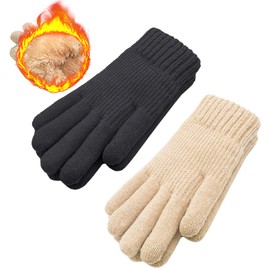 Beurlike Winter Knit Gloves for Women Wool Warm Touchscreen Texting Fleece Girls Full Finger Gloves for Cold Weather 2 Pairs(Black+Beige)