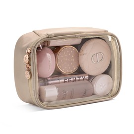 Pocmimut Makeup Bag,PU Leather Clear Makeup Bag Travel Makeup Bag Car Essentials for Women,Travel Essentials Cosmetic Bag Organizers(Beige), Long-Apricot, Small, Long