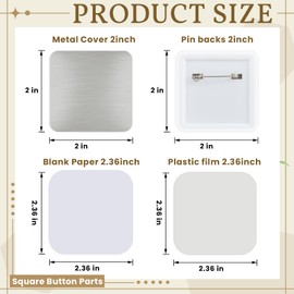 Wavwavw 100 Set 2'' x 2'' Square Pin Button Making Supplies for Square Button Maker DIY Square Pin Badge Button Maker Supplies Button Parts Button Supplies Button Press Refill Square