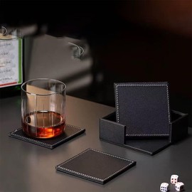 4Pcs Square Leather Cup Mats, 10cm*10cm Black Leather Coasters, Heat Resistant Cup Mats for Tabletop Protection