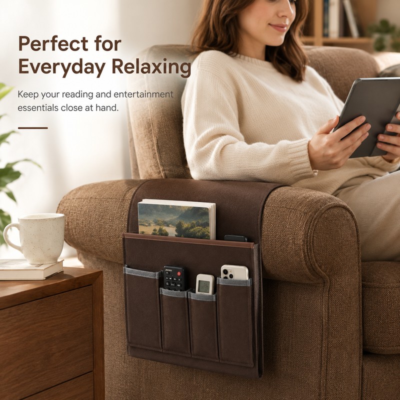 Sofa Armrest Organizer for Remotes & Magazines – Hanging Fabric