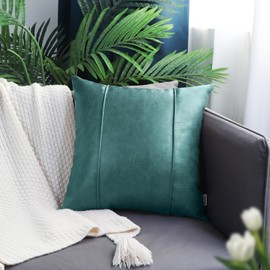 BRAWARM Teal Leather Throw Pillow Covers 18 X 18 Inches - Faux Leather Pillow Cover with Piping, Hand Stitched Leather Throw Pillow for Couch Sofa Bed Living Room Home Decorative