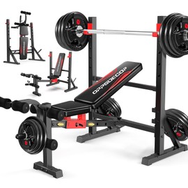 OPPSDECOR 900LBS Foldable Weight Bench with Leg Extension and Leg Curl,Adjustable Bench Press Set with Weight Storage, Strength Training Workout Bench for Home Gym (Red)