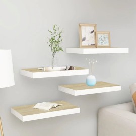 4-Piece Floating Oak and White Wall Shelves 15.7"x9.1"x1.5" MDF Display Unitscolor: White Color