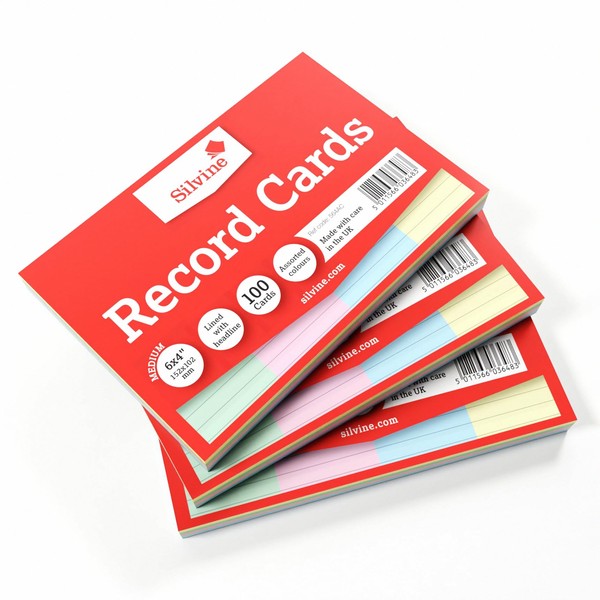 3X Packs of Silvine A6 (6x4) Multi-Coloured Record Cards -