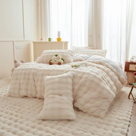 Roscloud Rabbit Plush Kids Girls White Comforter Cover Duvet Cover Twin - 3PC Faux Fur Bed Set Soft Warm Velvet Flannel Fluffy Fuzzy Bedding（Comforter x 1 Pillowcases x 2）