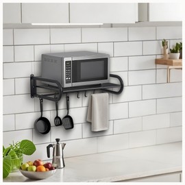 Microwave Shelf Wall Mount,Microwave Wall Shelf with 5 Hooks and 2 Guardrails Wall-Mounted, For Small Microwave to Load Capacity 30kg for Home Kitchen Laundry and Living Room