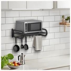 Microwave Shelf Wall Mount,Microwave Wall Shelf with 5 Hooks and 2 Guardrails Wall-Mounted, For Small Microwave to Load Capacity 30kg for Home Kitchen Laundry and Living Room