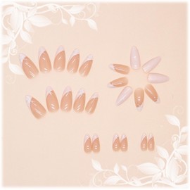 24Pcs White French Tips Press on Nails with Sparkly Curve Line Design, Glossy Nude Glitter False Nails Gel Glue on Nails, Shine Manicure Art Acrylic Fake Nails Stick on Nails for Coquette Women Girls