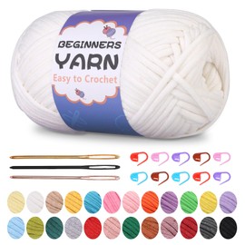 200g/7Oz Yarn for Crocheting, 5mm Crochet Yarn for Beginners with Easy-to-See Stitches, Stitch Marker, Big Eye Blunt Needle for Crocheting (White)