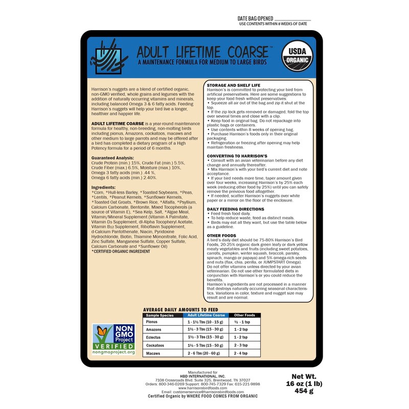 Harrison's Bird Foods Adult Lifetime Coarse Certified Organic Non-GMO Daily