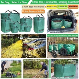 Professional 3-Pack 137 Gallon Lawn Garden Bags (D34, H34 inches) Big Yard Waste Bags with Garden Gloves, Extra Large Reusable Leaf Bags,Garden Clippings Bag,Leaf Container,Yard Trash Bags 4 Handles