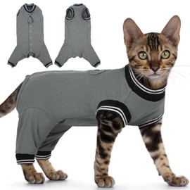 PUMYPOREITY Cat Recovery Suit for Hind Legs, Cat Surgical Spay Suit with Leg Sleeves to Stop Licking, Long Rear Sleeve Wound Cover Abdomen Kitten Onesie, Grey, L