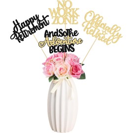 Gyufise 12Pcs Happy Retirement Centerpiece Sticks Officially Retired Table Flower Centerpieces Sticks No Work Zone Floral Decorations for Farewell Birthday Party Centerpieces Supplies Black Gold