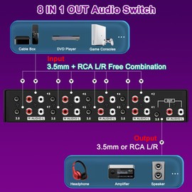 FlyroadUp 3.5mm Aux + RCA L/R Bi-Directional Stereo Audio Switch 8 in 1 Out A/B Analog Audio Switcher Selector