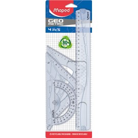 Maped - Geometry Set of 4 + 12 Pencils Navy - Ruler 30 cm + School Triangle 60°/21 cm + School Angle 45°/21 cm + Protractor 180°/12 cm - Drawing Set, Rigid, Transparent