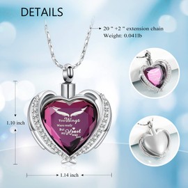 Imrsanl Cremation Jewelry Angel Wing Heart Urn Pendant Necklaces for Women Crystals Birthstone Urns for Human Ashes Memorial Locket Keepsake Ashes Jewelry (Wings-Purple)
