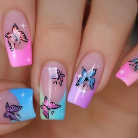 SINHOT Square Press on Nails Medium - Colorful Butterfly Ombre Squoval Nail Art, DIY Fake Nails with Glossy Glue on Nails, Design Full Cover Press on Nails 24pcs