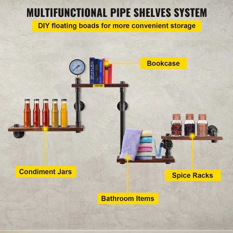 Industrial Pipe Shelving, Pipe Shelves with 4-Tier Wood Planks, Rustic
