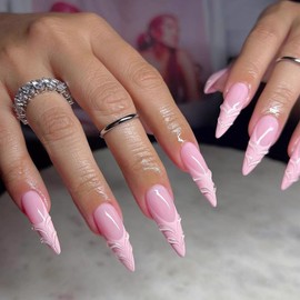 TENPAL French Tip Press on Nails Long Stiletto Nails Press ons Pink Fake Nails With Glue 24pcs/Box Full Cover Ballet False Nails With 3D Water Wave Detachable Y2k French Pink French Nail Tips