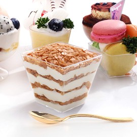 Supernal 100pcs Square Dessert Cups (4oz) with 100pcs Mini Gold Spoons, Medium Clear Parfait Appetizer Cups Perfect for Cakes, Ice Cream, Desserts