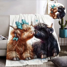 IUNTWEIE Highland Cow Cuddly Blanket, Scottish Highland Cow Blankets, Fluffy Highland Cow Cuddly Blanket, Flannel Blanket for Girls, Children, Adults, Couch, Travel (B, 130 x 150 cm)