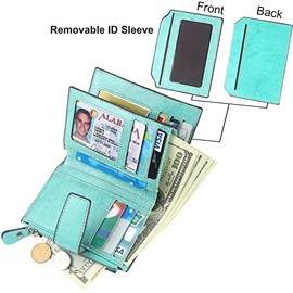 Lavemi - portafolios de piel para mujer, con bloqueo RFID, tamaño pequeño, plegable, compacto, para tarjetas de crédito, para mujer, con ventana de identificación, bolsillo con cierre, Azul tiffany, One Size