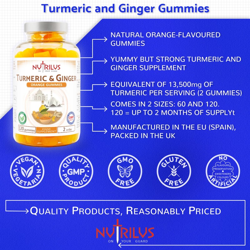 Turmeric and Ginger 60 Natural Orange Gummies - High Strength,