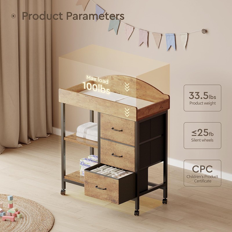 YeTom Changing Table Dresser, Baby Dresser with 3 Fabric Drawers