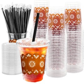 FUYUWIIN 50Pcs 12oz Cielito Lindo Disposable Plastic Cups with Lids and Straws, Mexican Cinco de Mayo Terracotta Flower Clay Cold Beverage Drinking Cups for Mexican Talavera Wedding Party Supplies
