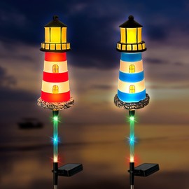 Hokfirm 2 Pack Lighthouse Solar Lights,7 Light Color Changes,IP65 Waterproof Solar Pathway Lights for Garden,Lawn,Outdoor Lighthouse Decor (2)