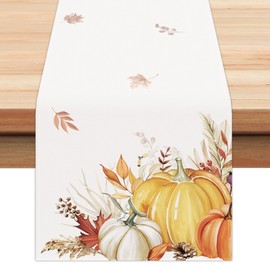 Bonhause Autumn Pumpkin Leaves Table Runners for Kitchen Dinning Table Decoration, Fall Harvest Thanksgiving Table Runner for Indoor Outdoor Home Holiday Party Decor(33 x 183 cm)