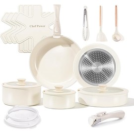 Chef Power Ceramic Cookware Set Non Toxic with Detachable Handles, Healthy Nonstick Pans and Pots Set 19 Pcs, Induction Dishwasher Oven Safe Kitchen Set, PFAS PFOA & PTFE Free, Cream White