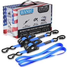 HandT USA Based Retractable Ratchet Straps (2PK) 1in x 6ft - 1,500lb Break Strength, Heavy Duty Automatic Ratchet Straps Self Retractable Tie Down, Push Button Retracting Truck Trailer Cargo | Blue
