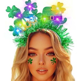 JONKY Light Up St Patricks Day Headband Green Hat Hairband Glowing Shamrock Hair Piece Irish Lucky Hair Aaccessories for Women